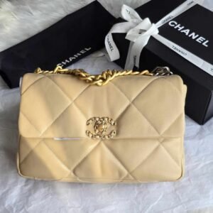 Buy Chanel 19 Medium Beige Quilted Lambskin Leather Flap Bag