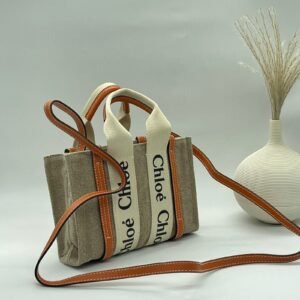 Buy Chloe Mini Woody White and Brown Canvas & Calfskin Tote
