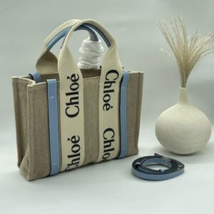 Buy Chloe Small Woody Beige & Blue Canvas & Calfskin Tote