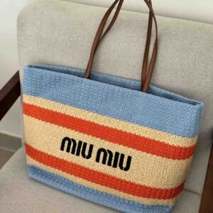 Buy Miu Miu Raffia Effect Woven Tote Bag In Beige And Light Blue Stripes