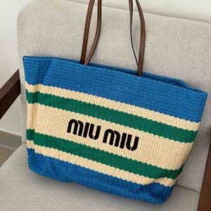 Buy Miu Miu Raffia Effect Woven Tote Bag In Beige, Blue And Green