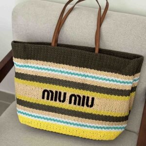 Buy Miu Miu Raffia Effect Woven Tote Bag In Brown And Yellow Stripes