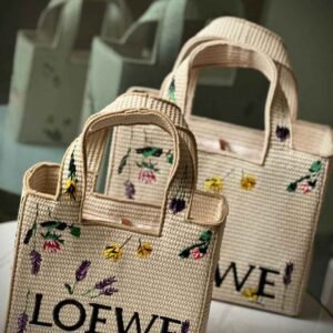 Buy Premium Loewe Font Naturel Floral Print Raffia Tote Bag