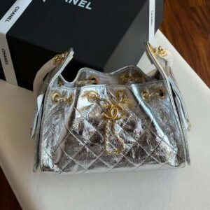Chanel 25 Small Hobo Bag Silver Metallic Calfskin Leather