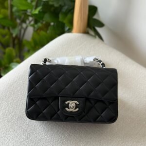 Chanel Classic Mini Flap Bag 20CM Black Lambskin Leather Silver Hardware - Dubai Luxury Items