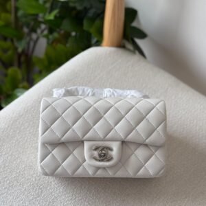 Chanel Classic Mini Flap Bag 20CM White Lambskin Leather Silver Hardware - Dubai Luxury Items